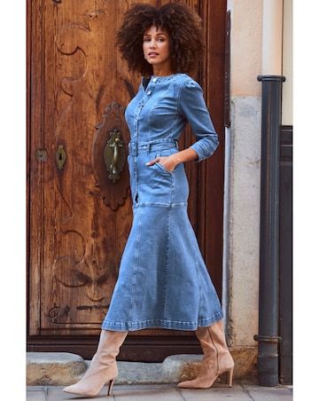 Sosandar Mid Blue Ruched Waist Popper Front Denim Dress