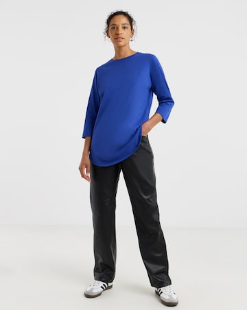 Blue Longline Curved Hem 3/4 Sleeve Top