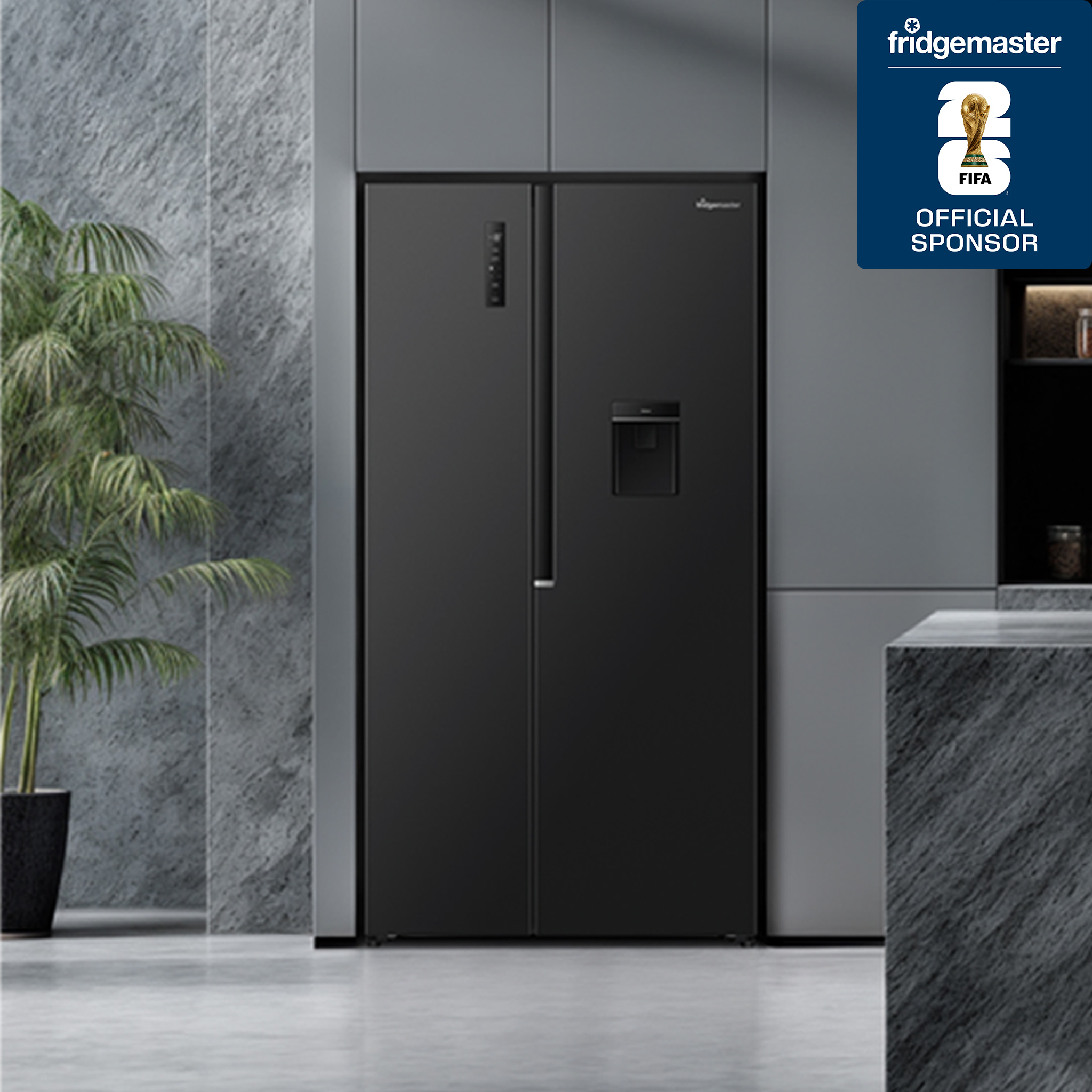 A dark grey Fridgemaster fridge freezer in a grey kitchen