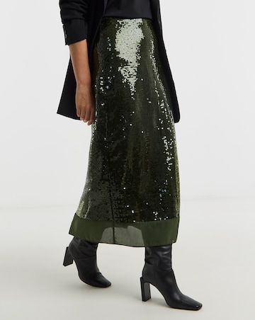 Green Sequin Column Skirt