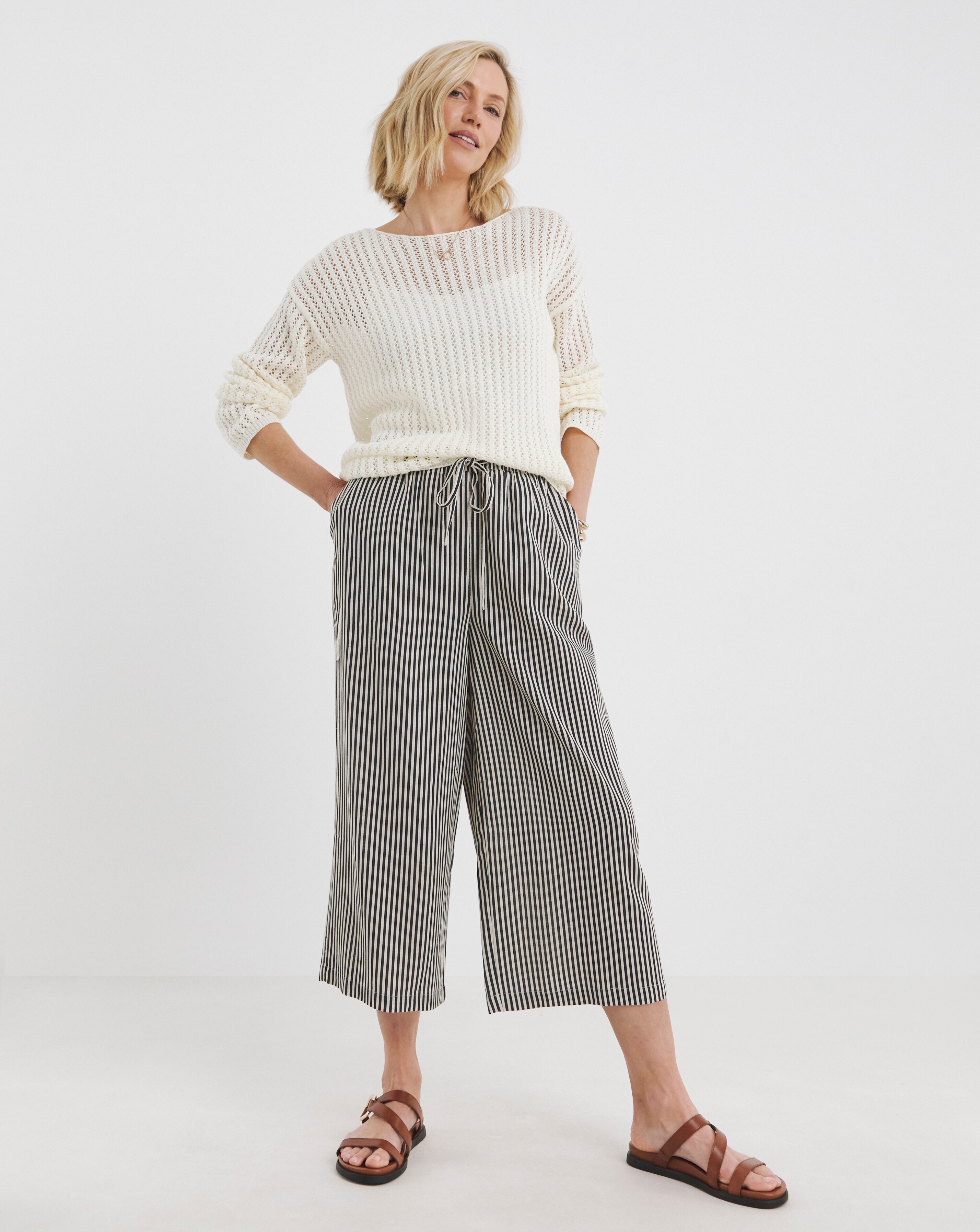Striped Linen Mix Cropped Wide Leg Culottes