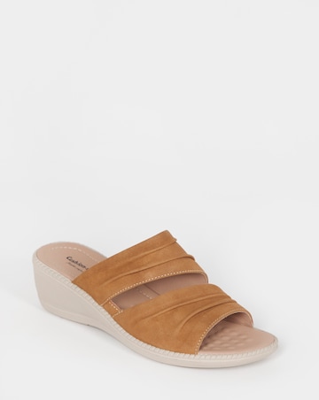 Cushion Walk Tan Ruched Wedge Mules - Extra Wide Fit (EEE)