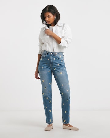 Simply Be Mid Blue Fruit Embroidered Slim Mom Jeans