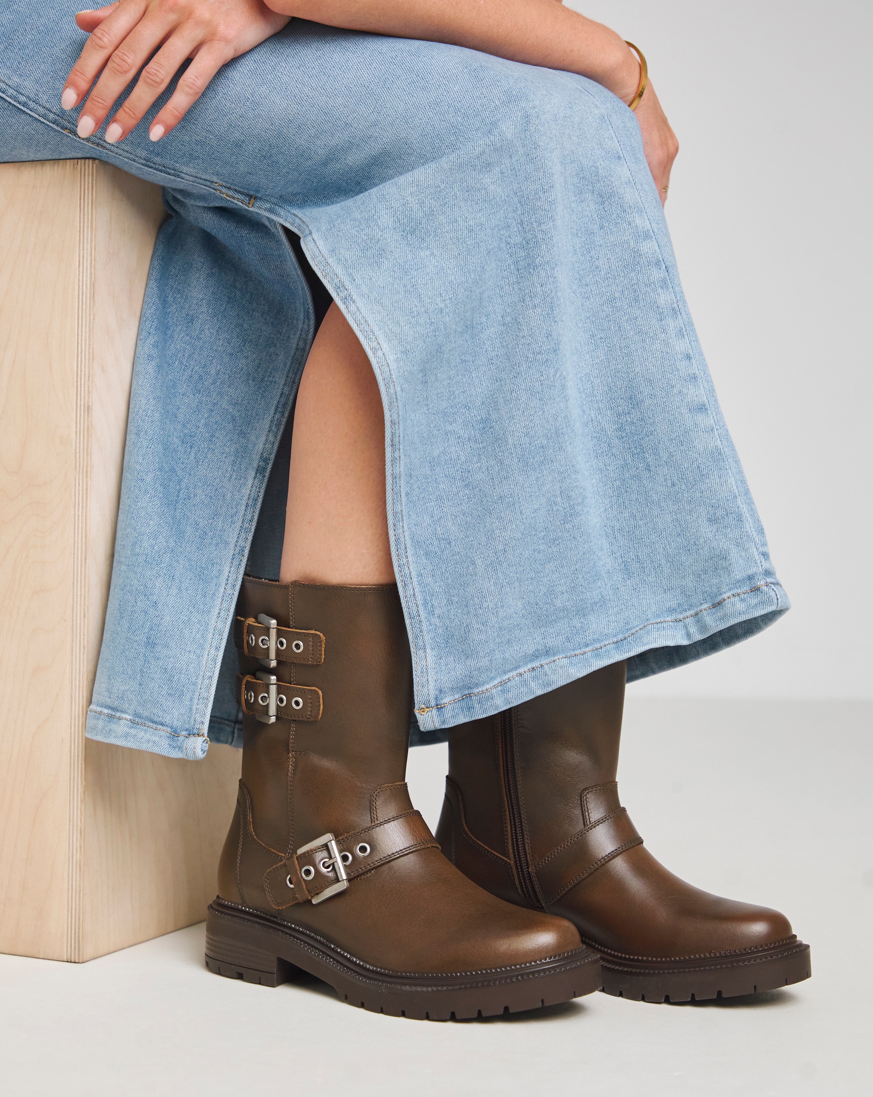 靴 three generations leather short boots Leni Calf Height Leather Biker Boot - Wide Fit (E) | JD Williams
