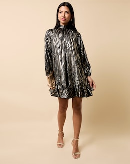 Little Mistress Black and Gold Foil Print Mini Dress