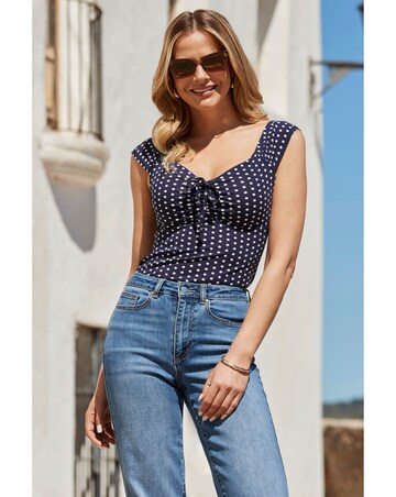 Sosandar Navy Blue & White Spot Print Tie Front Jersey Top