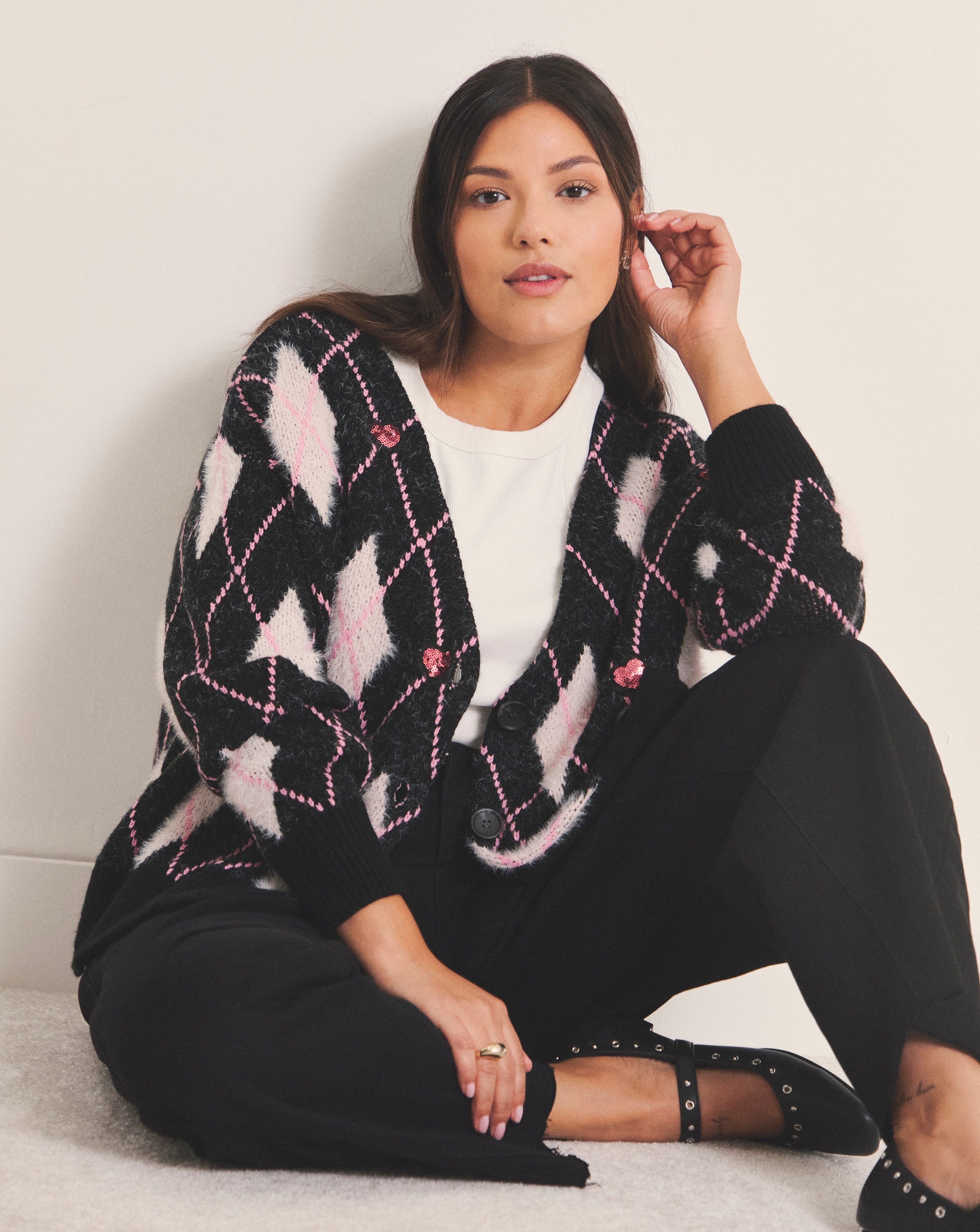 Simply Be Sequin Heart Fluffy Argyle Boyfriend Cardigan | JD Williams