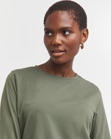 Khaki 3/4 Sleeve Curved Hem Longline Top