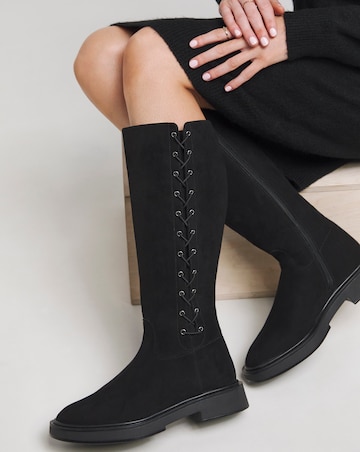 Farley Side Lace Up Flat Knee High Boots - Wide Fit (E) & Super Curvy Calf