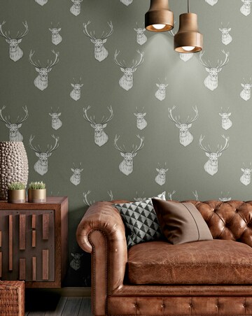 Catherine Lansfield Sage Stag Wallpaper