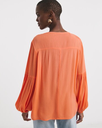 Textured Crinkle Broderie Yoke Trim Blouson Sleeve Blouse