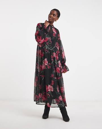 Shirred High Neck Tiered Maxi Dress