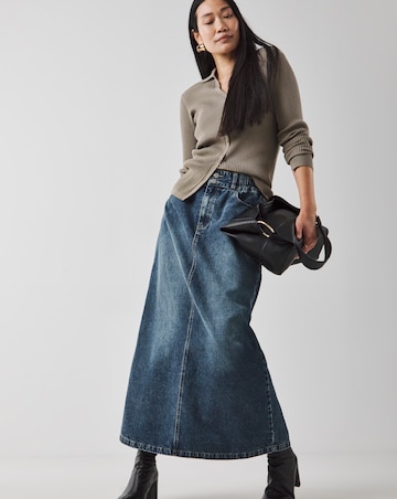 Dark Blue Elasticated Waist Full Denim Skirt