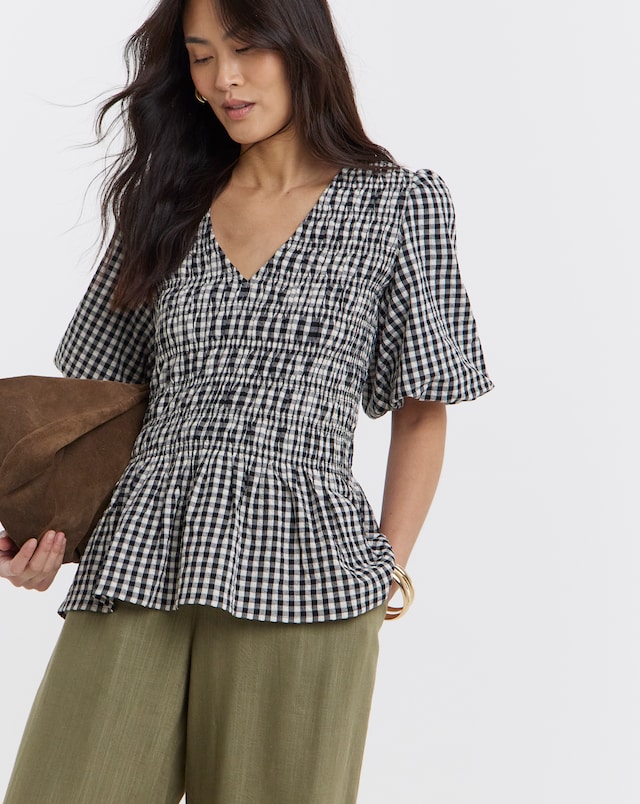 Shirred Gingham V Neck Peplum Blouse