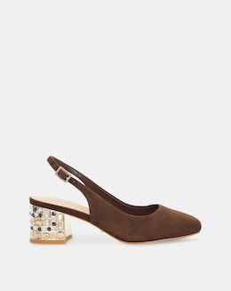 Dune Catharine Brown Suede Slingback Jewel Embellished Block Heel