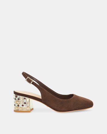 Dune Catharine Brown Suede Slingback Jewel Embellished Block Heel