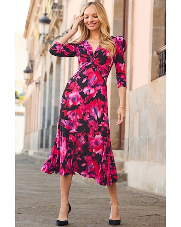 Sosandar Floral Print Twist Front Midi Dress