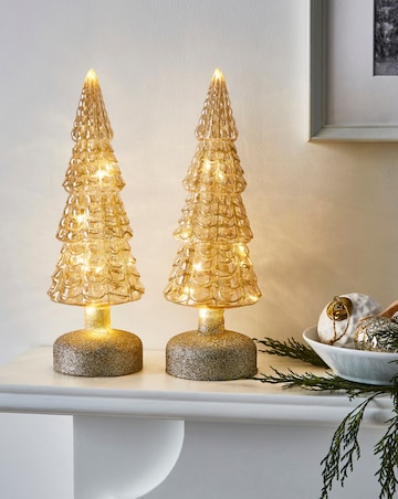 Gisela Graham Gold Glass Light Up Christmas Trees - Set of 2