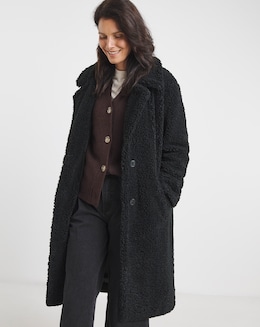 Black Button Front Borg Teddy Coat