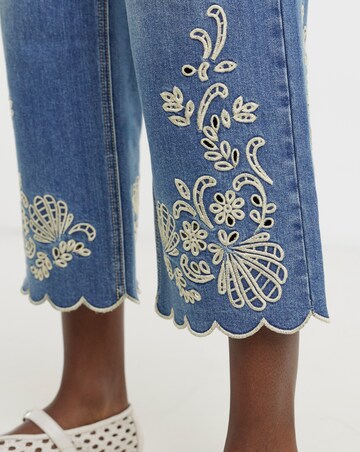 Blue Scallop Hem Broderie Crop Jeans