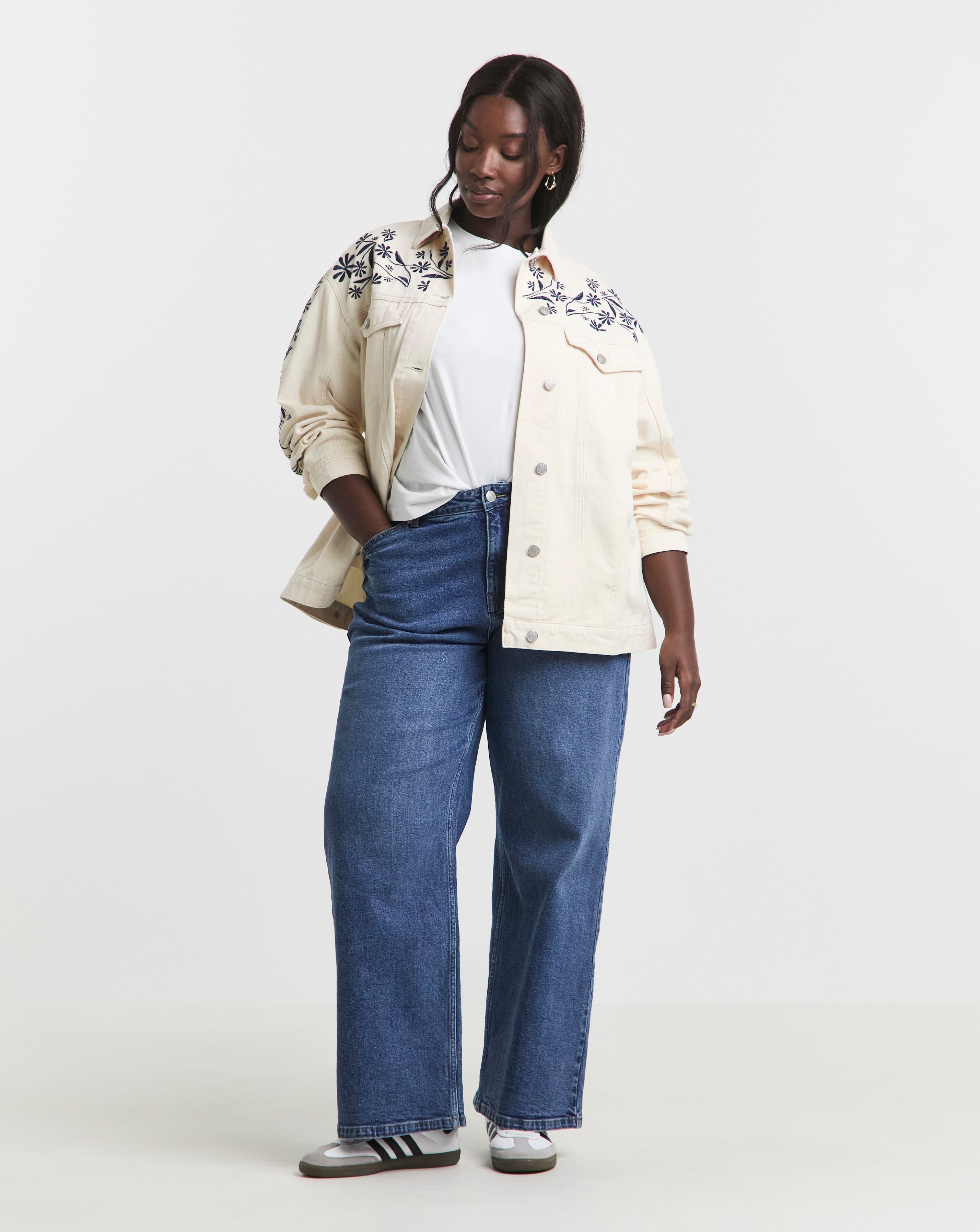 Simply Be Ecru Floral Embroidered Denim Boyfriend Jacket | JD Williams