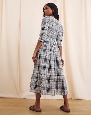 Anise Check Seersucker Erica V Neck Tiered Midi Dress