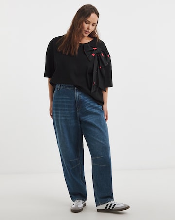 Simply Be Black Lips Print Satin Bow T-Shirt
