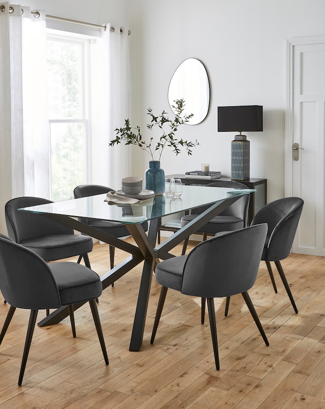 Bodie Black 6 Seater Dining Table with 6 Emilie Velvet Chairs