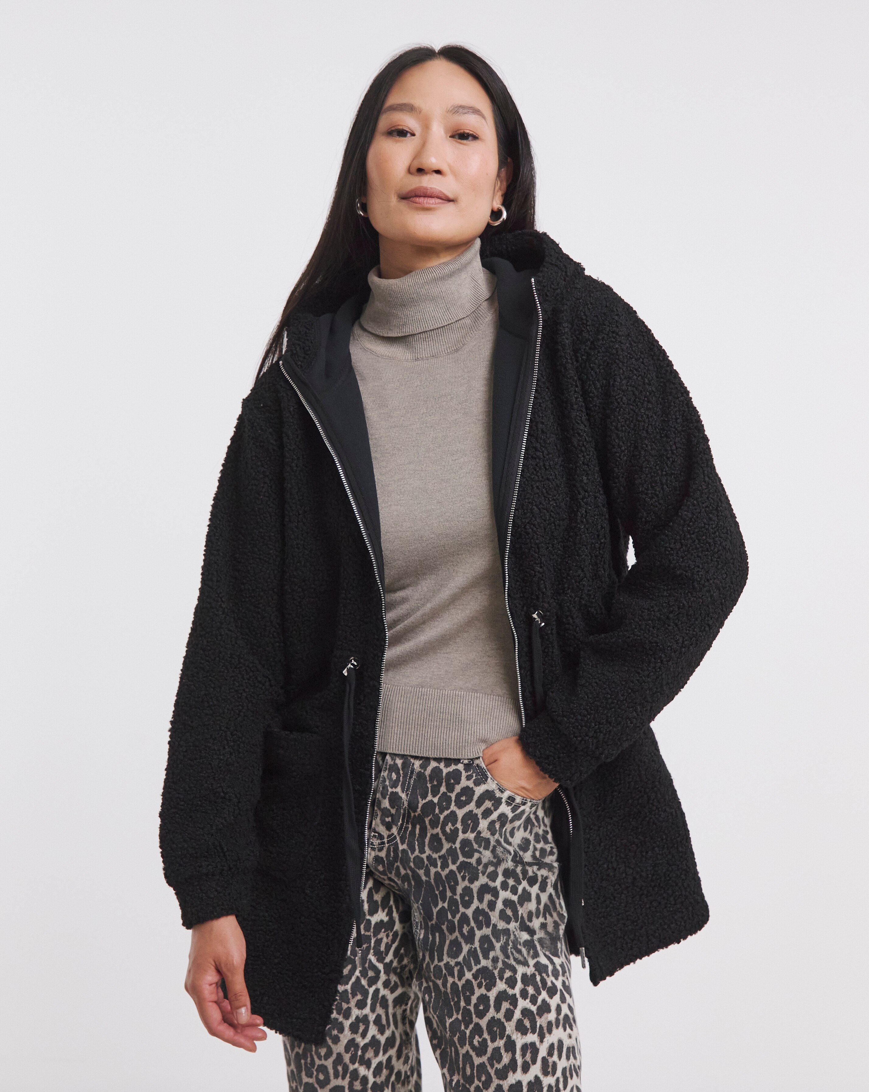 Borg Zip Through Tie Detail Longline Hoodie