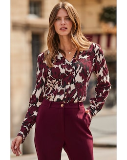 Sosandar Burgundy Blurred Ikat Floral Rever Collar Shirt