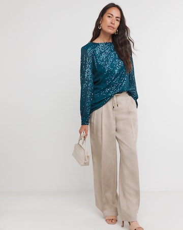 Teal Sequin Slash Neck Volume Sleeve Top