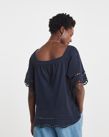 Pure Cotton Square Neck Broderie Sleeve and Hem Top