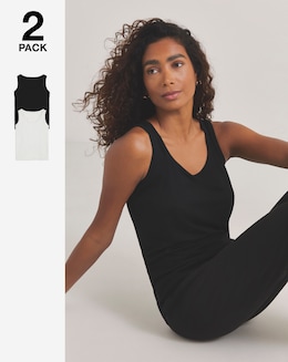 Pretty Secrets (2 Pack) Thermal Vest Tops Black/Oatmeal