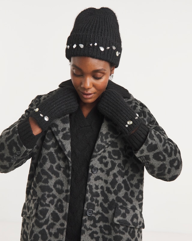 Jewel Embellished Hat & Handwarmer Set