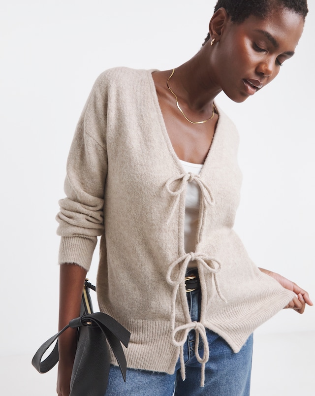 Cosy Yarn Oatmeal Tie Front Cardigan