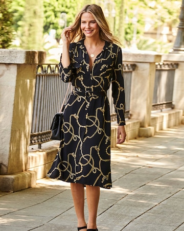 Sosandar Black & Gold Chain Print Belted Shirt Dress