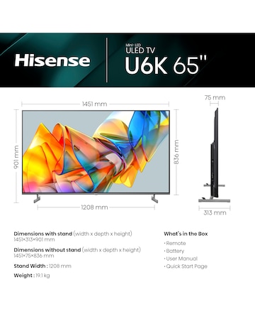 Hisense 65in 65U6KQTUK Smart 4K UHD HDR Mini-LED TV with Dolby Vision IQ