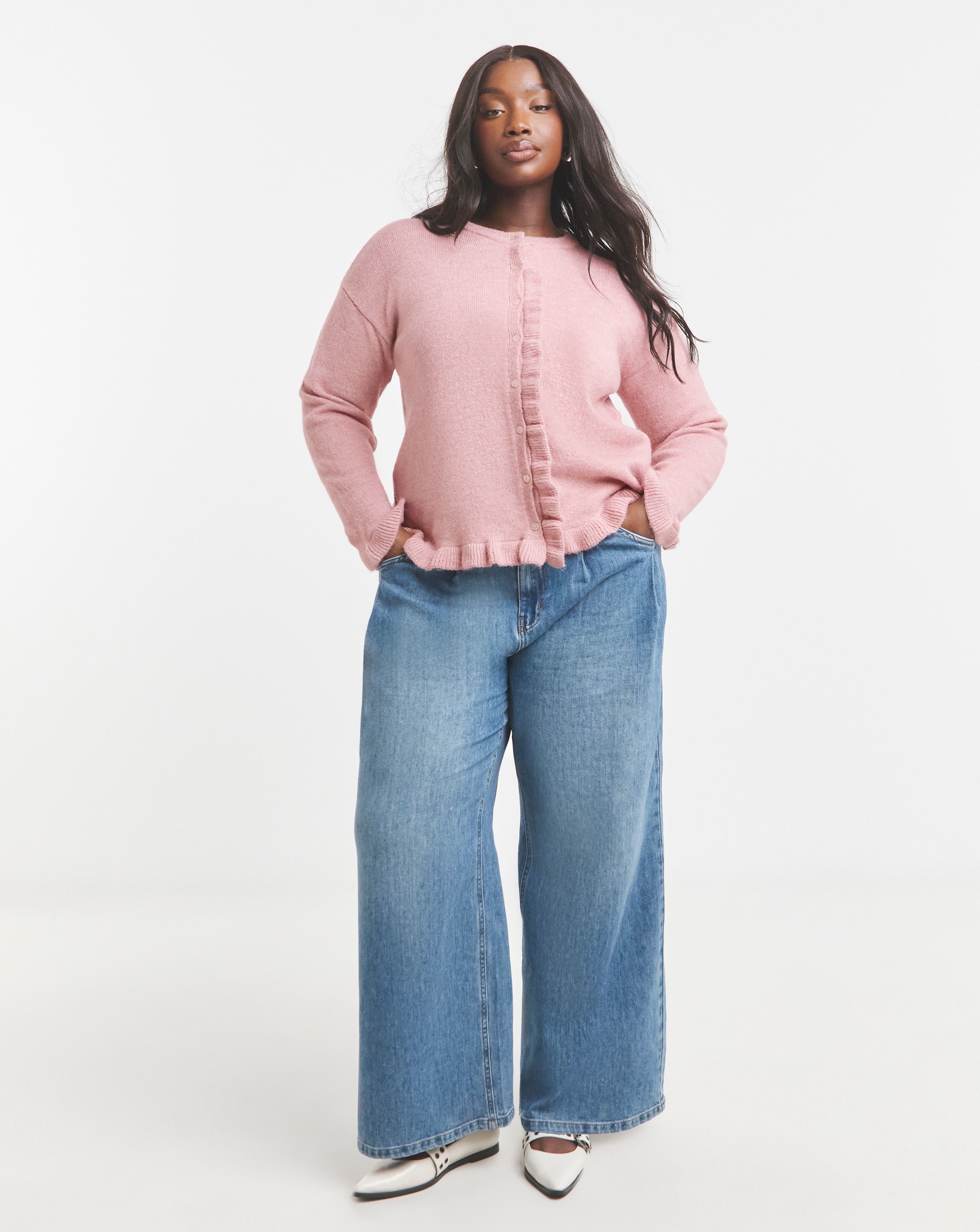 Simply Be Pink Ruffled Frill Knit Cardigan | JD Williams