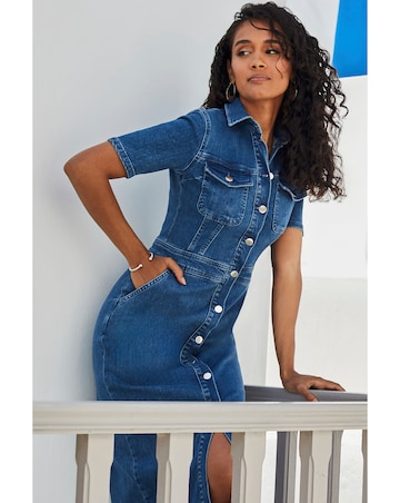 Sosandar Short Sleeve Button Front Denim Midaxi Dress