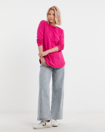 Pure Cotton Pink Long Sleeve Longline Curved Hem Top