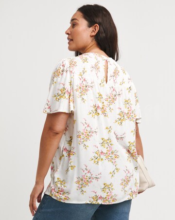 Multi Floral Shirred Yoke Top With Fluted Sleeve