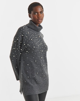 Charcoal Roll Neck Pearl Jumper