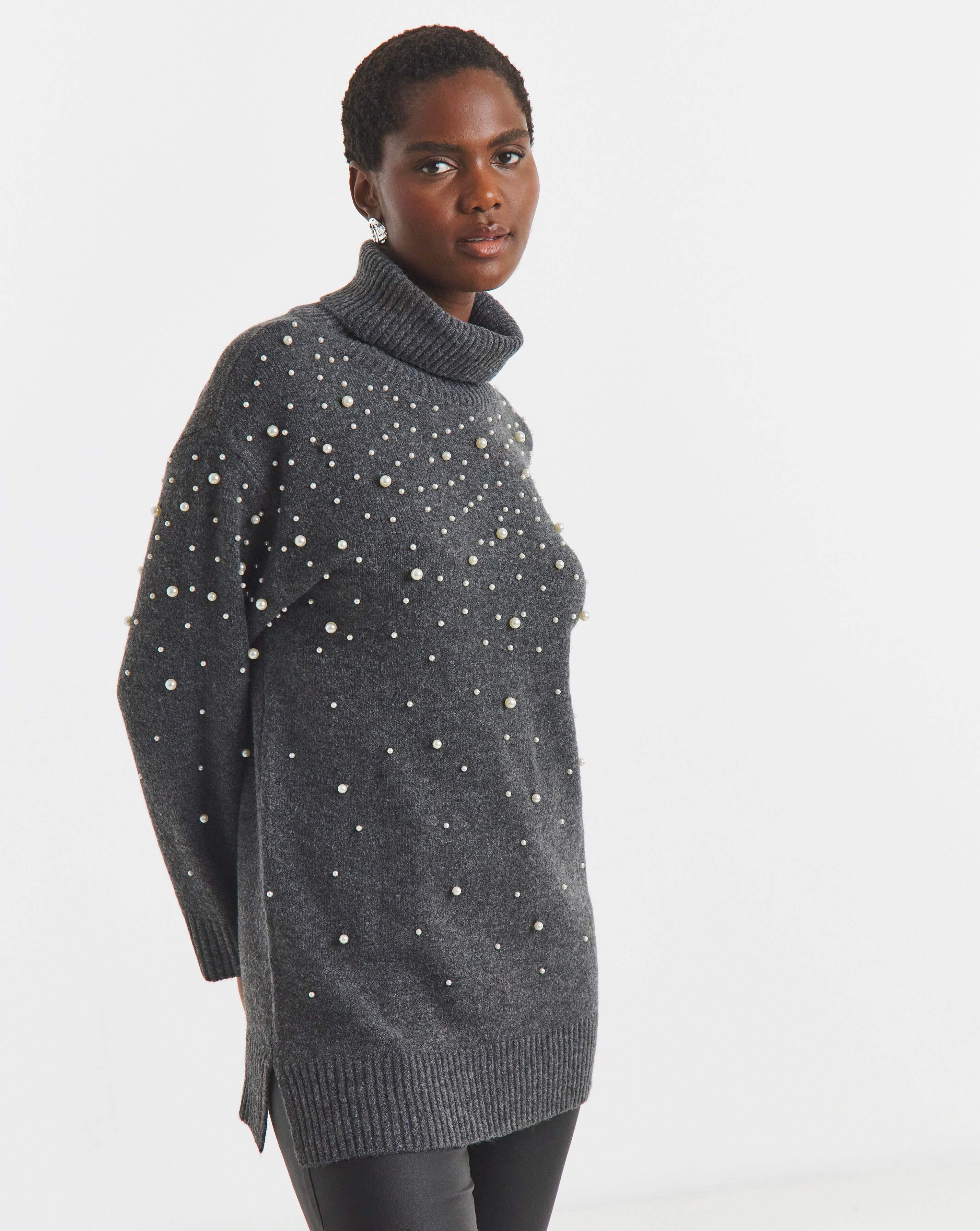 Charcoal Roll Neck Pearl Jumper