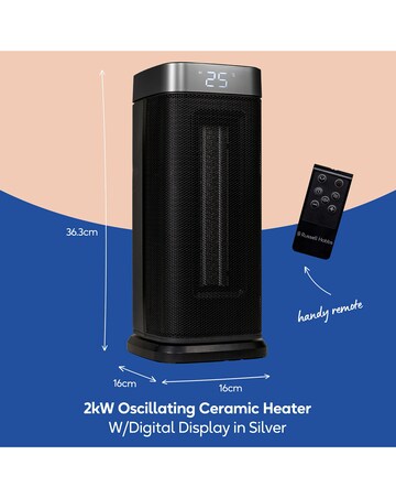 Russell Hobbs Black 2kw Digital Oscillating Ceramic Heater with silver Trim