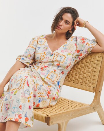 Simply Be Conversational Print Button Through Linen Blend Midi Dress