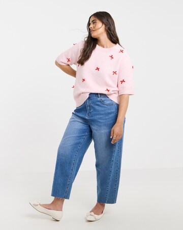 Simply Be Pink Embroidered Bow Knitted Half Sleeve Jumper
