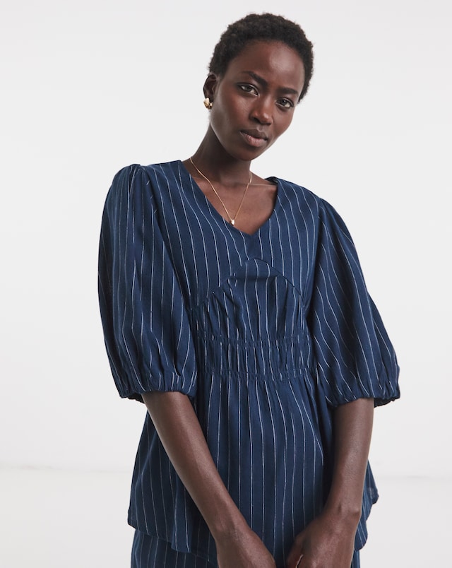 Navy Stripe Shirred Puff Sleeve Top