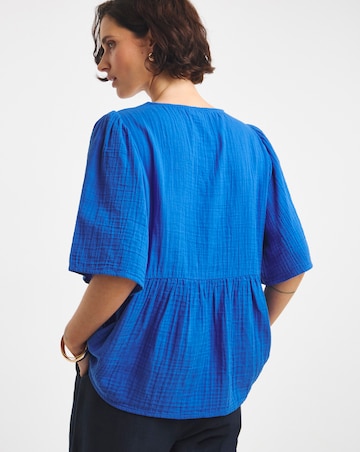 Trim Detail Pure Cotton Textured Short Sleeve Smock Top