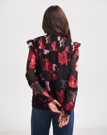 Red Print Shirred Yoke Top With Lace Insert