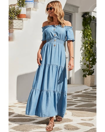 Sosandar Denim Shirred Waist Bardot Fit and Flare Maxi Dress